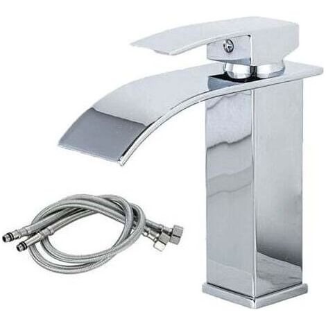 Robinet Lavabo Cascade, MISE À NIVEAU Moderne Mitigeur Salle de Bain, Robinetterie Grand Bec Carré en Laiton, Eau Chaude et Froide Disponible, argent (1/5)