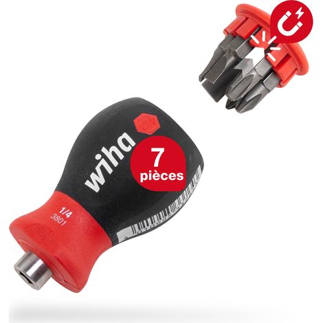 Wiha Tournevis porte-embout avec magasin d'embouts Fente, Phillips avec 6 embouts, court 1/4" (33736)