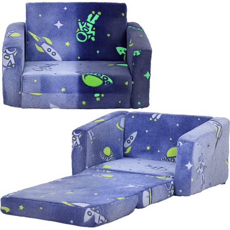 Canapé enfant bleu pliable 2 en 1 en tissu cosmique avec housses lavables, mobilier enfant design sobre pour chambre pratique et évolutif