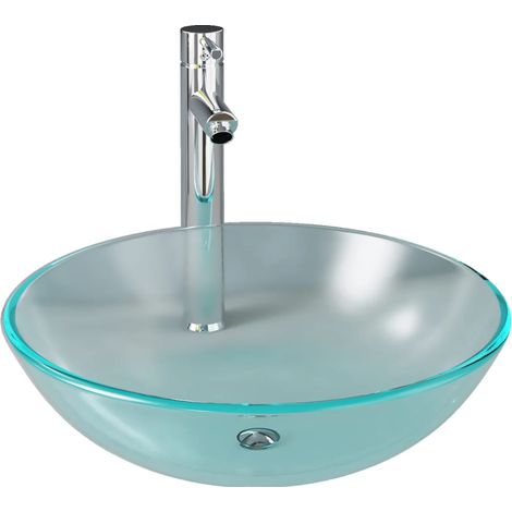 Vasque à poser - Lavabo Lave-mains - Évier avec robinet et drain à poussoir Verre trempé Chic-377467 (1/5)