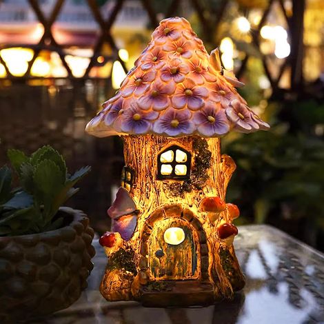 Decoration Jardin Exterieur,Maison de Champignon de fée extérieure, Maison de Fée Champignon en Résine avec Lampe Solaire,étanche IP44,6-12 Heures,Convient aux pelouses de Cour. (1/5)