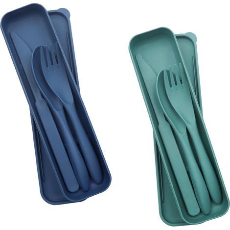 Lot de 2 couverts avec étui, portables voyage, couteaux et fourchettes plastique réutilisables, 2 couleurs. (1/5)