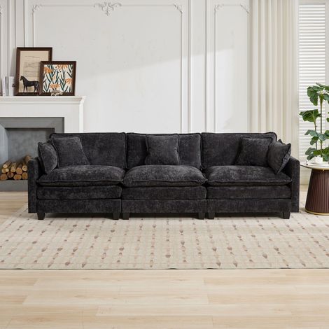 Canapé Cloud 3 places,moderne sectionnel,coussin double couche,tissu chenille respirant,idéal pour salon,chambre et appartement,noir.
