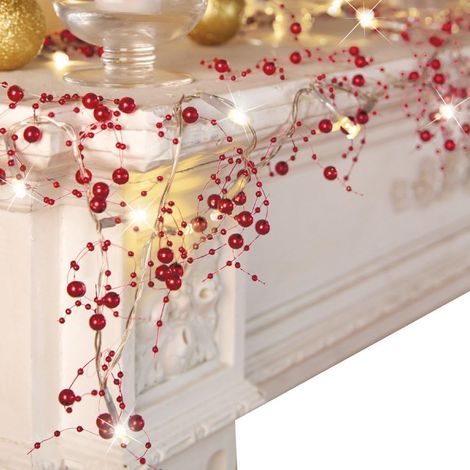 Décorations de Noël d'intérieur, guirlande de perles de baies lumineuses festives rouge - 120" L