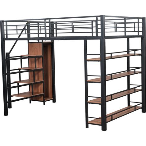 Letto a soppalco 140 x 200 cm in metallo nero con scala contenitore e armadio MODENUIT (1/5)