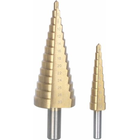 Fraises étagées coniques HSS plaqué titane – Lot de 2 – Diamètres 4 à 30 mm – Perçage rapide pour métal, bois et plastique (1/4)