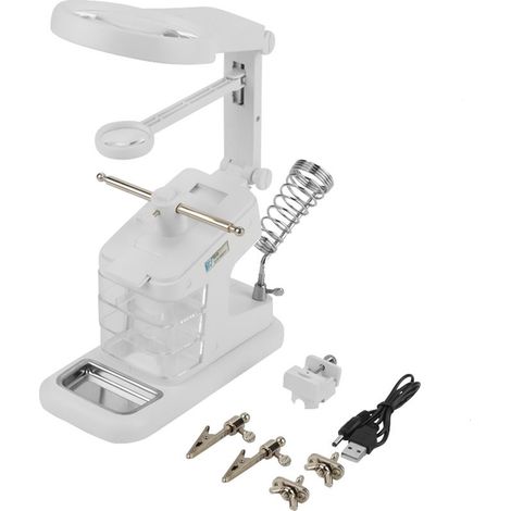 Naroote Station de Soudage, Soudure Support de Fer USB Souder en Fer de Travail en à Main Levée de Soudure à Main le Support de avec le de avec 3x / 4,5x / 25x Loupe Loup Lights Clips Board (WHITE) (1/4)