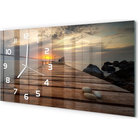 Horloge Murale Panoramique Moderne 60x30 cm Verre Trempé Sans Tic-Tac Pont en bois (1/5)