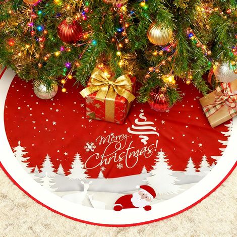 Falda para árbol de Navidad, adorno rojo, alfombra de felpa para árbol, 90 cm, ideal para decoraciones festivas. (1/5)