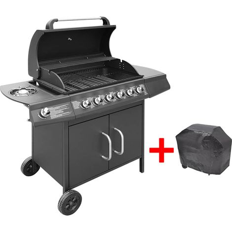 Barbecue à gaz 6 + 1 zone de cuisson-Plancha à gaz Noir