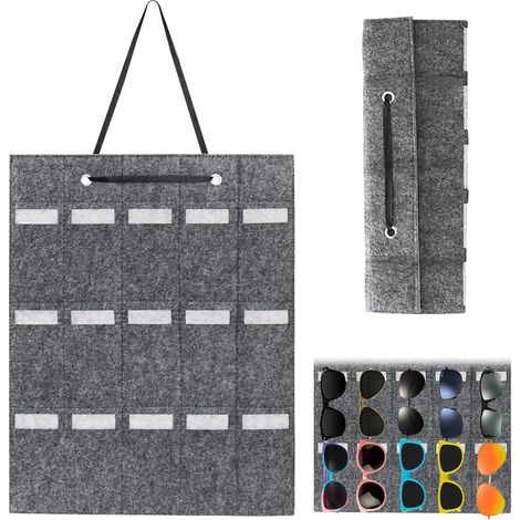 Organizador de gafas de fieltro – 15 compartimentos – bolsa colgante – elegante y compacto
