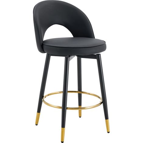 Tabouret de bar pivotant 360° en cuir régénéré noir, dossier ajouré, piètement métal doré, lot de 2, style moderne pour cuisine et bar CHICFURN (1/5)