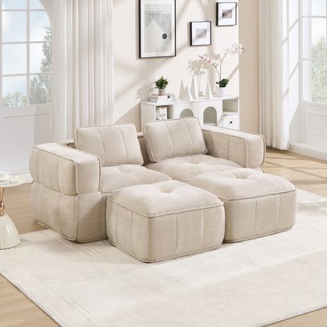 Canapé modulable 198x162x67 cm – canapé lounge 2 places avec pouf assise épaisse modules séparables – tissu – beige crème (1/5)