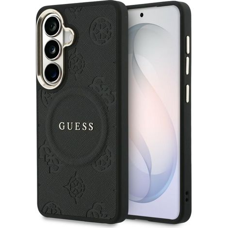Custodia Guess Saffiano Peony con anello in rilievo e MagSafe per Samsung Galaxy S26, nera (1/5)