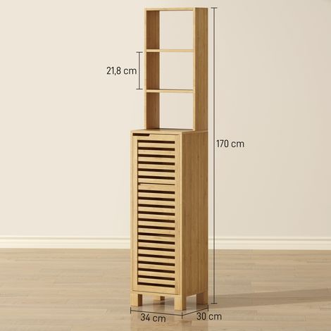Armoire de salle de bain étroite, armoire haute à 3 étagères ouvertes et réglables, porte à lattes, 34 x 30 x 170 cm, finition naturelle (1/5)