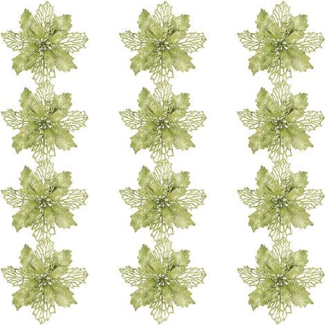 Set mit 12 Weihnachtsbaumdekorationen: glitzernde Weihnachtssterne, hohle grüne Kunstblumen – 16 x 16 cm (1/2)