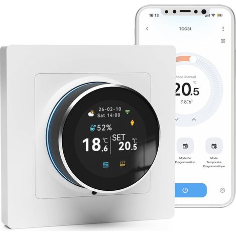 Thermostat WiFi, Régulateur de Température à Bouton Rotatif, Écran Couleur, Programmateur Digital Intelligent 3A pour Plancher Chauffant à Eau (1/5)