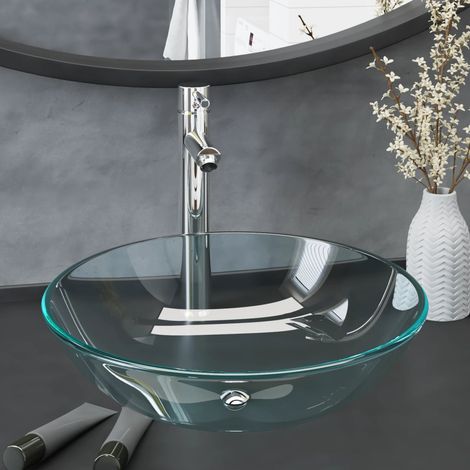Lavabo de bain,Bac à laver avec robinet et drain à poussoir Verre trempé,Vasque à poser VSGS320838 (1/5)