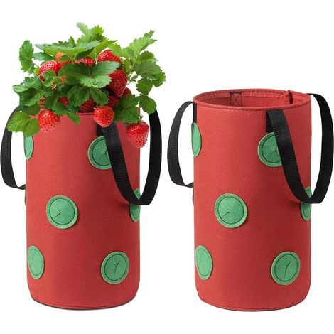 Set of 2 hanging grow bags for strawberries with handles and 12 holes for planting strawberries, vegetables and flowers, red (1/5)