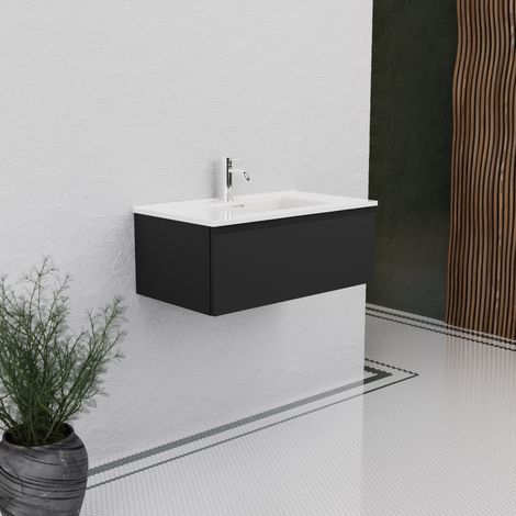 Inda - Badezimmerschrank B.80 mit glänzendem/mattem schwarzem Waschbecken 1 Schublade - Rubin (1/5)