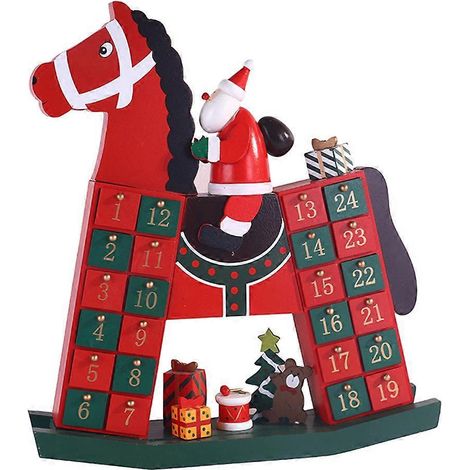 Roter und grüner Adventskalender aus Holz mit Weihnachtsmann auf Pferd – Countdown-Weihnachtsdekoration