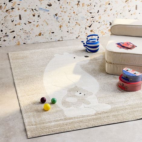Tapis enfant beige / crème. tapis intérieur oursons. poils ras  120 x 170 cm