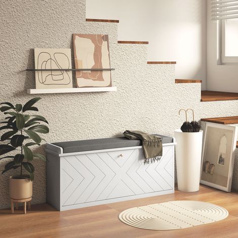 Banc à chaussures avec tiroir rabattable, coussin d'assise et étagère réglable, 100 x 26 x 48 cm, blanc