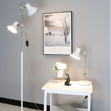Lampada da Terra con 2 Faretti Orientabili, Altezza Regolabile Bianco e Oro