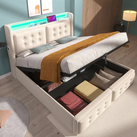 Cama matrimonio elevable LED USB C beige 180x200 OKMYHOME (1/5)