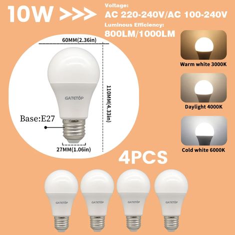 Lampes de croissance pour plantes (Lot de 4, lumière du jour 4000K, AC220-240V) Ampoules LED E27 10W équivalent à des ampoules à incandescence de 100W, ultra-lumineuses pour le salon (1/5)