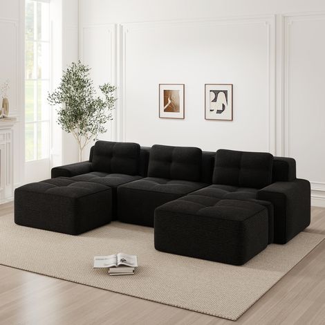 Sofá modular Cloud, sofá en forma de U sin estructura, sofá modular con otomana, sofá modular Cloud, sofá Cloud de pana de 3 plazas para sala de estar, sofá sin montaje, negro