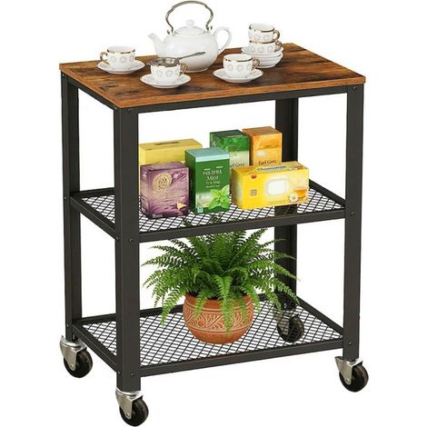 Relaxdays Küchenwagen, 3 Ebenen, Holzoptik, Rollwagen Küche, Haushalt & Büro, HBT: 77,5x60x40 cm, Metall, braun-schwarz