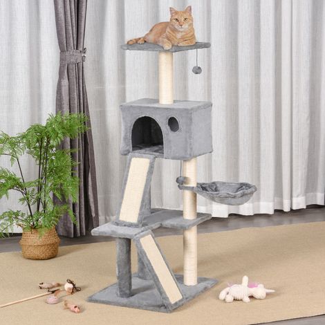 Katzenbaum mit Hängebett, 2 Plattformen, grauer Plüsch und Sisalseil, 60 x 49 x 130 cm (1/5)