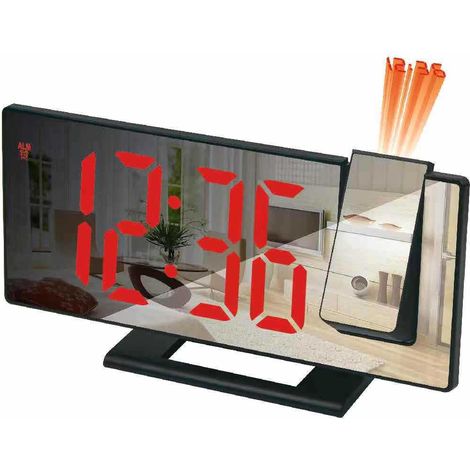 Lntyq (boîtier noir avec texte rouge) Réveil projecteur, réveil à projection 180°, horloge numérique avec écran miroir LED, port USB, répétition, 4 niveaux de luminosité, 12/24 heures,18.54.29.5cm