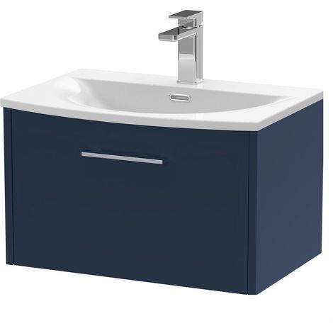 Winshill Contemporary 1 Drawer Wall Hung Vanity Unit with Curved Basin, Dark Blue, 600mm