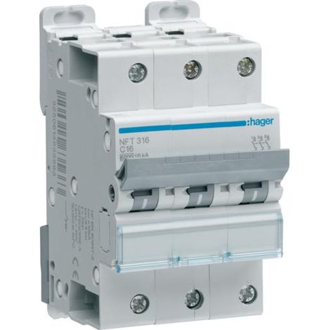 Disjoncteur 3 Pôles 6-10kA courbe C 16A 3 modules HAGER NFT316 (1/5)
