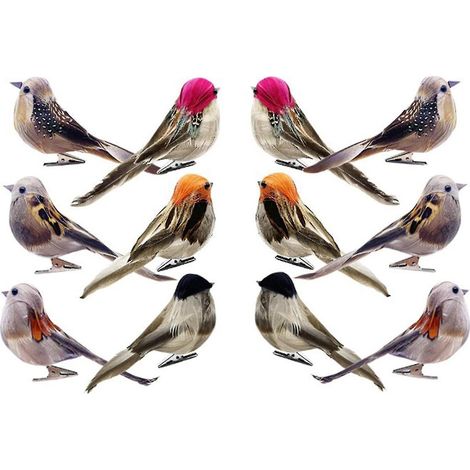 Set mit 12 realistischen künstlichen Vögeln in 6 verschiedenen Farben, Spatzenfedern, mit Befestigungsclip, Kaesi Heimdekoration (1/5)