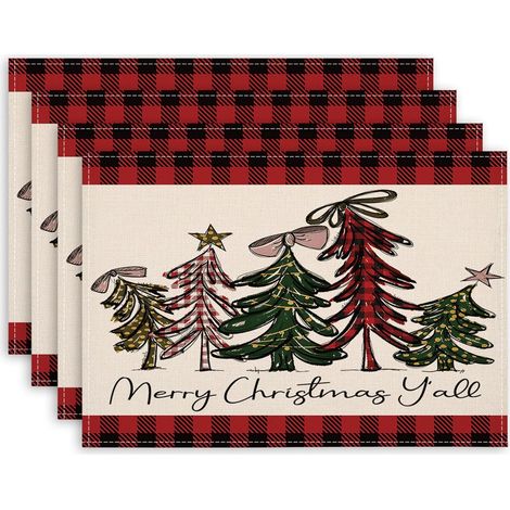 Placemats - 12x18 Pouces - Motif Buffalo Plaid Rouge Noël - Protection Thermique et Antidérapante - Lot de 4 (1/5)