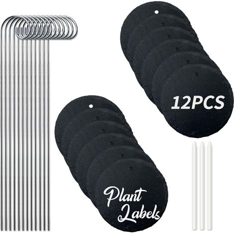 Lot de 12 Étiquettes Plantes Ardoise Rondes avec Tige Métal, Imperméables Extérieur, Marqueurs Jardin Réutilisables avec Stylo Craie pour Herbes (1/4)
