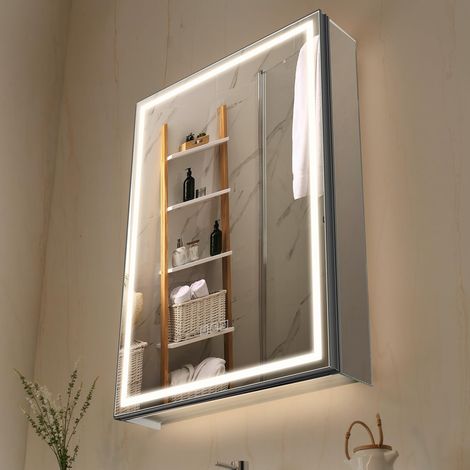 Armoire Murale Salle de Bain Encastrée 50x70 cm, Armoire de Toilette avec Miroir et LED 3 Couleurs à Intensité Variable, avec Fonction de Désembuage à Mémoire et Étagère de Rangement Réglable (1/5)