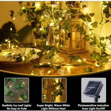 Guirlande lumineuse solaire d'extérieur, 12 m, 100 LED, lierre artificiel, 8 modes, étanche, pour jardin, balcon, terrasse, chambre à coucher, fête de mariage, décoration de Noël, blan (1/4)