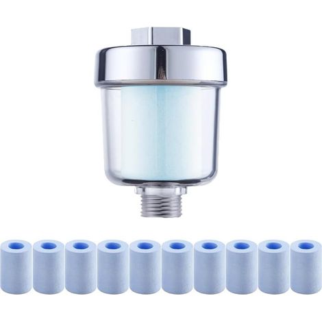 Filtre de douche avec 10 filtres bleus remplaçables, filtre anticalcaire pour robinets ou douches, filtration efficace des impuretés dans l'eau (1/5)
