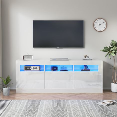 Mobile TV in truciolare bianco lucido 160 x 35 x 60 cm con LED Bluetooth, 3 vani aperti, 2 ante e 2 cassetti (1/5)