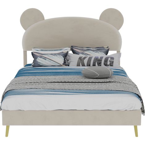 Lit rembourré minimaliste moderne avec tête de lit moelleuse à motif cartoon, 140x200 cm, beige, meuble de chambre multifonctionnel, base solide basse (sans rangement), matelas non inclus. (1/5)