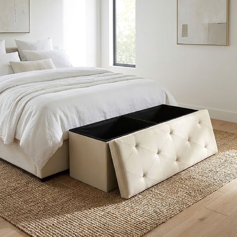 Panca Contenitore XXL 110 cm con Seduta Imbottita e Vano Salvaspazio, Pouf Contenitore Effetto Lino, Portata 150 kg, Cassapanca Pieghevole Off White