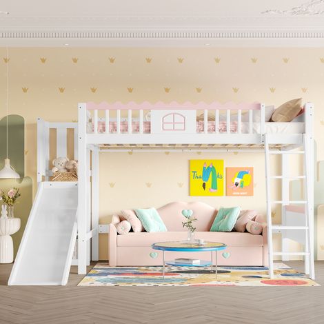 Lit mezzanine 90x200cm, lit enfant avec sommier à lattes, bande lumineuse LED, toboggan, avec barrière de sécurité et compartiment de rangement, bois de pin, certifié EN747, Blanc (1/5)