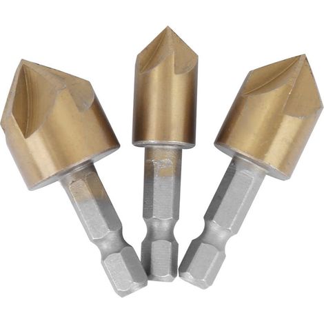 Outil de travail du bois 3 pièces, fraise à chanfreiner, tige hexagonale dorée en acier rapide, 5 cannelures, angle de 90°, 12 mm-19 mm (1/5)