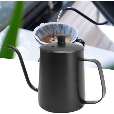 Bouilloire à filtre en acier inoxydable 304, bec verseur étroit, tasse à café à filtre domestique, 600 ml, noire avec couvercle (1/5)