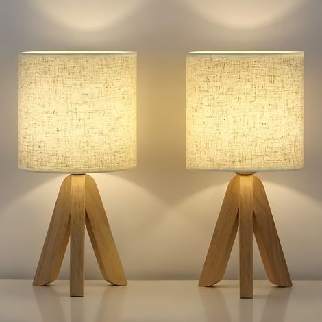 Lot de 2 lampes de table trépied en bois alimentées par USB – Lampe de chevet avec bouton de commande, lampe de table pour chambre, salon, bureau (1/5)