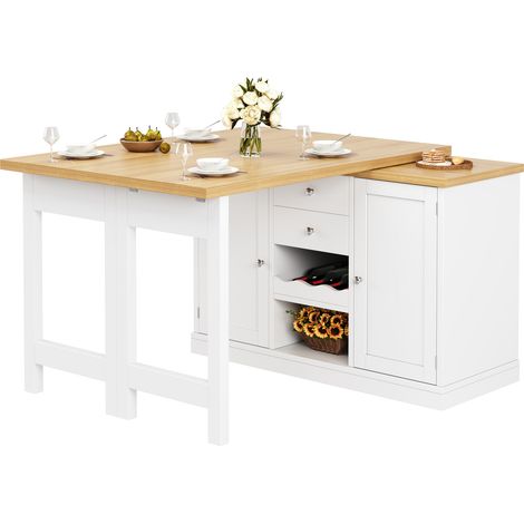 CHICFURN Mesa de cocina extensible 120-197 cm, isla de cocina y mesa de comedor giratoria 360°, con 2 cajones, botellero, estantes y puertas magnéticas blanca (1/5)